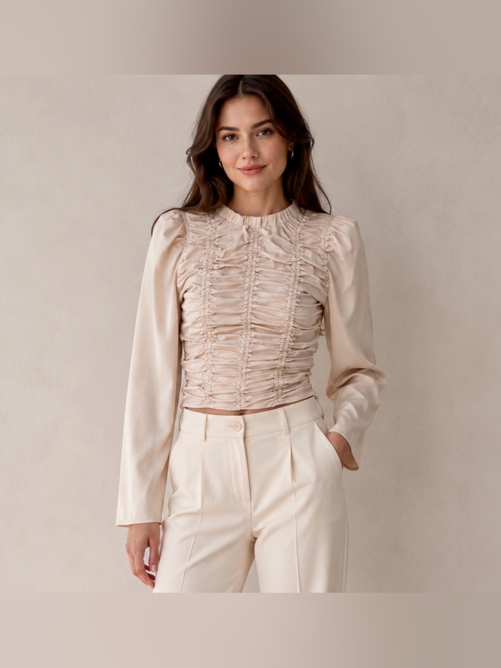 NWT DO+BE Silk Ruched Bodice Blouse in Satin Champagne / Blush Pink
